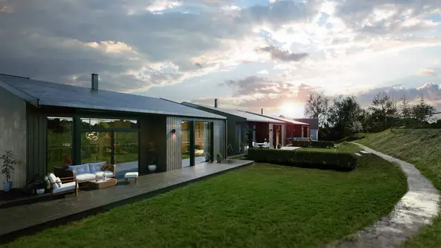 Hage på begge sider av huset med direkte adkomst til felles lekeplass.