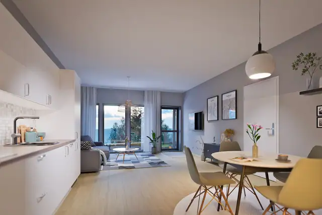 Utleiedelen får også levert et tidløst og moderne kjøkken fra JKE Design, med integrerte hvitevarer.
