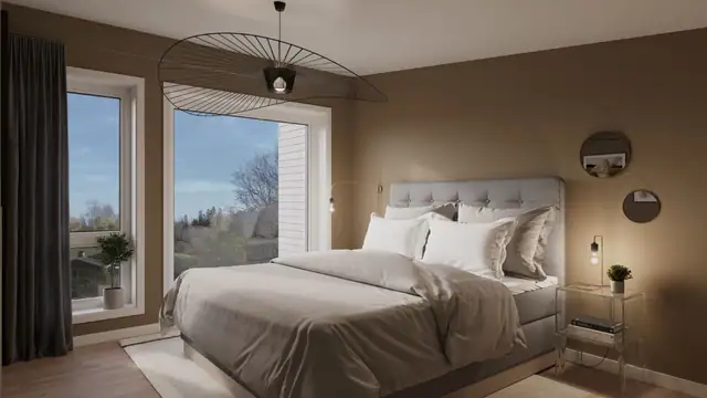 Oppe finner vi 4 soverom og et bad. Eventuelt 3 soverom og en tv-stue, alt etter hvordan man ønsker å disponere huset. (illustrasjonsbilde av husmodellen).