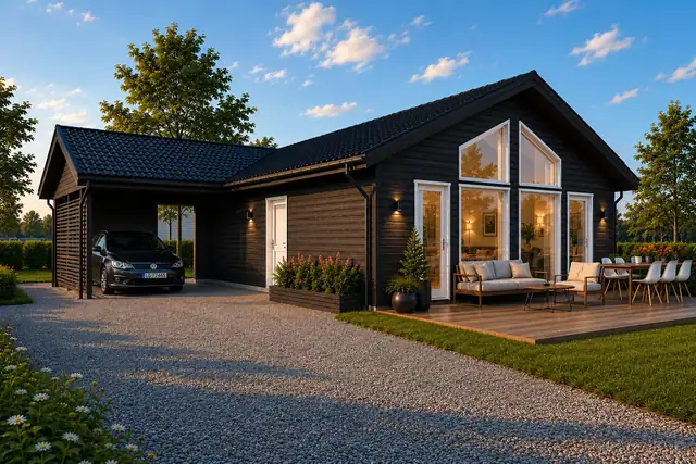 Enebolig med alt på ett plan og carport med sportsbod.