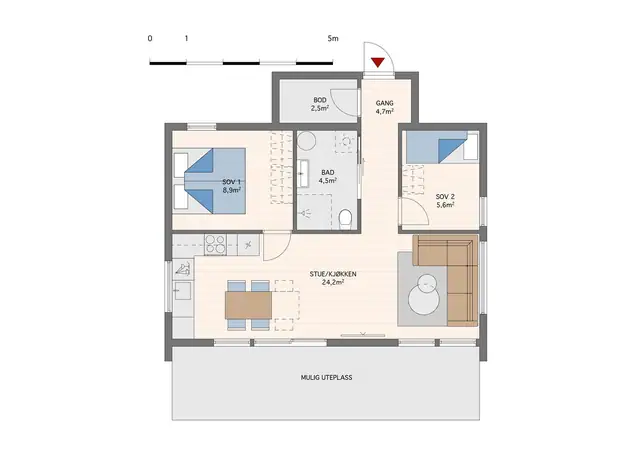 Plantegninge. Det legges opp til en arealeffekstiv planløsning. Her har man alt man trenger og alt ligger på ett plan.