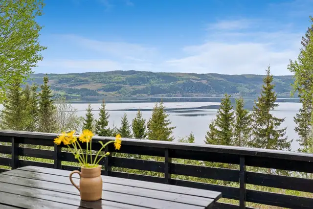 Nydelig utsikt over Selbusjøen fra terrassen. Her har man også svært gode solforhold.