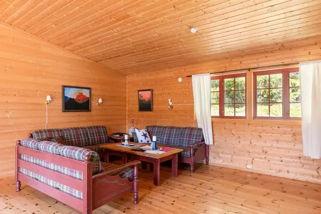Det er tregulv og panel på vegger og tak.