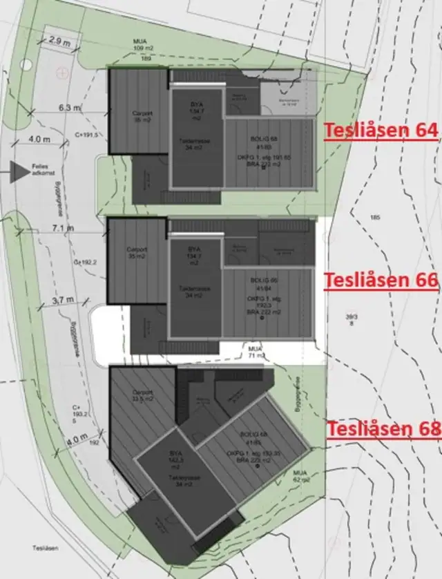 3 frittliggende eneboliger med dobbel carport, ungdomsavdeling i sokkel. Takterrasse med fjordutsikt / gode solforhold — bilde 6